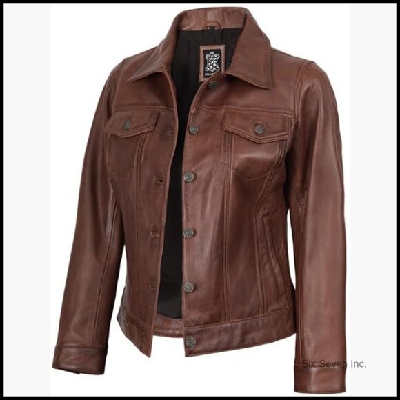 Real Lambskin Leather Jacket Trucker Style Long Sleeve